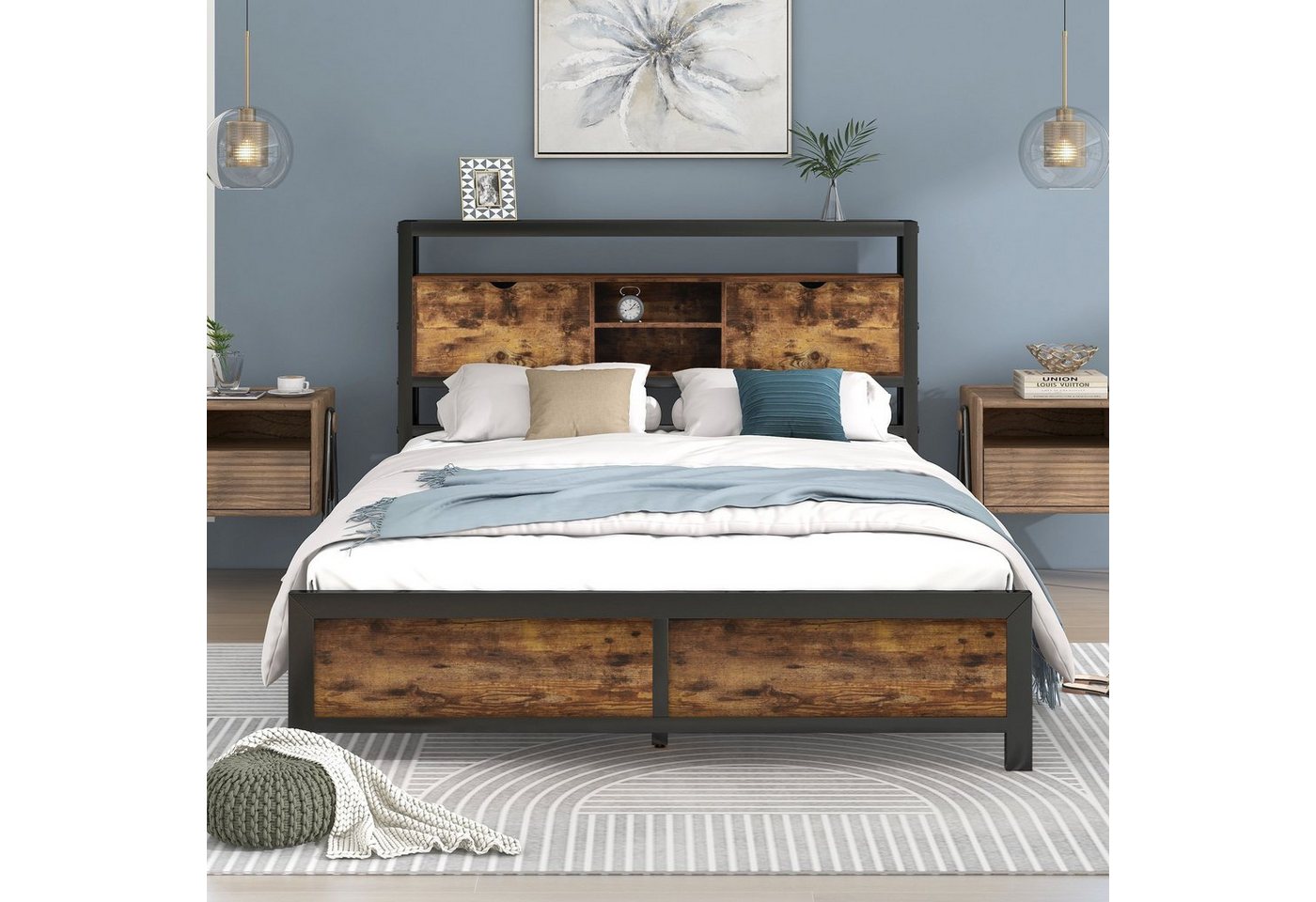 Flieks Metallbett, Doppelbett mit Stauraumfach 140x200cm Eisen Bettgestell – Bild 3 von 5