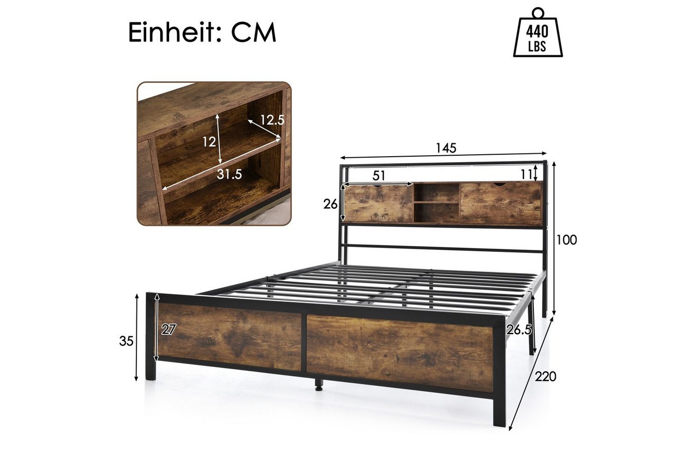 Flieks Metallbett, Doppelbett mit Stauraumfach 140x200cm Eisen Bettgestell – Bild 4 von 5
