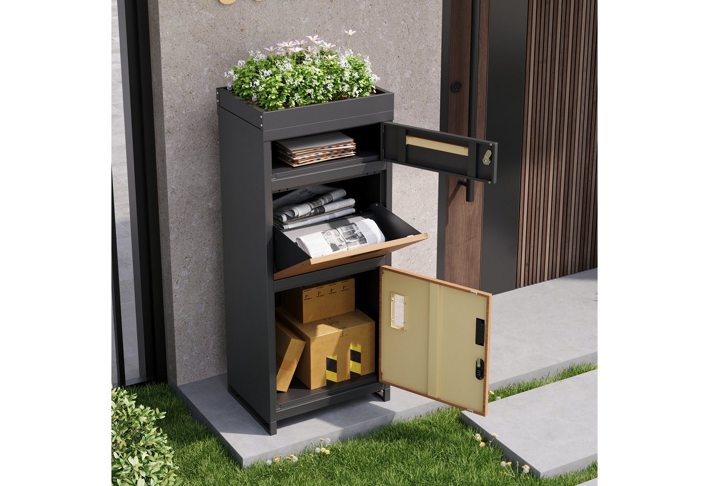 Flieks Paketbriefkasten, Standbriefkasten Paketbox 50x37x118.5cm mit Zahlenschloss Pflanzdach – Bild 2 von 5