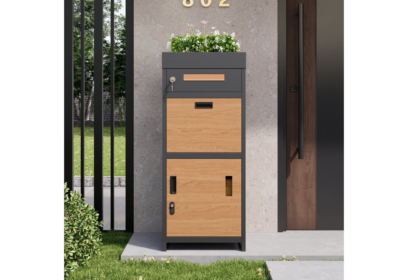 Flieks Paketbriefkasten, Standbriefkasten Paketbox 50x37x118.5cm mit Zahlenschloss Pflanzdach – Bild 3 von 5