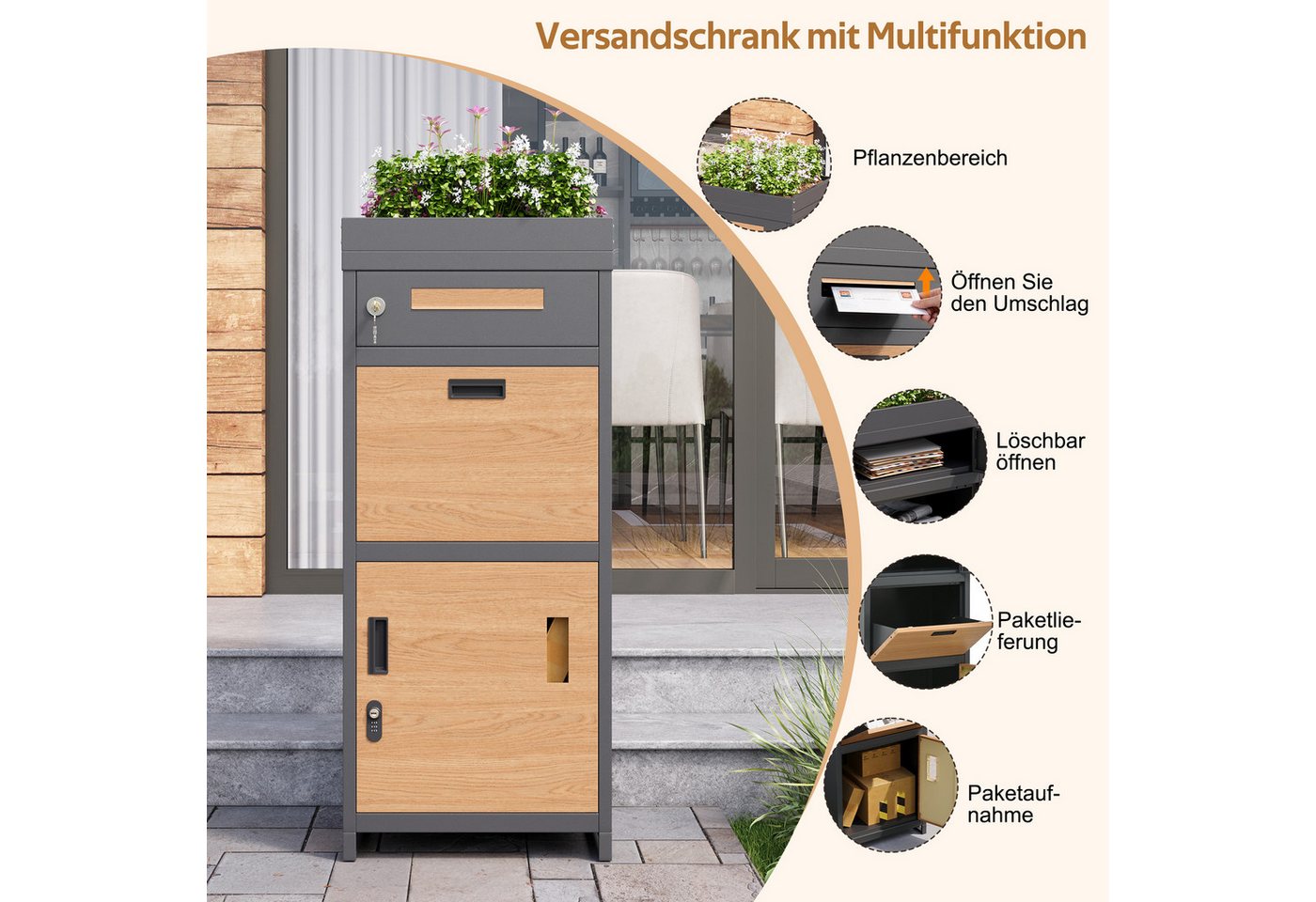 Flieks Paketbriefkasten, Standbriefkasten Paketbox 50x37x118.5cm mit Zahlenschloss Pflanzdach – Bild 5 von 5