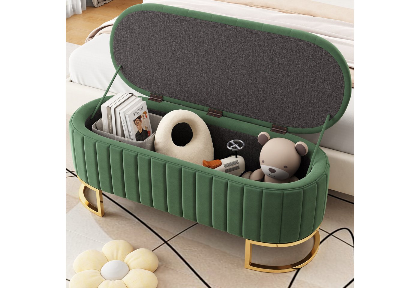 Flieks Polsterbank, Stauraum Polsterhocker Fußbank Sofabank 120x40x43cm Samtstoff – Bild 2 von 5