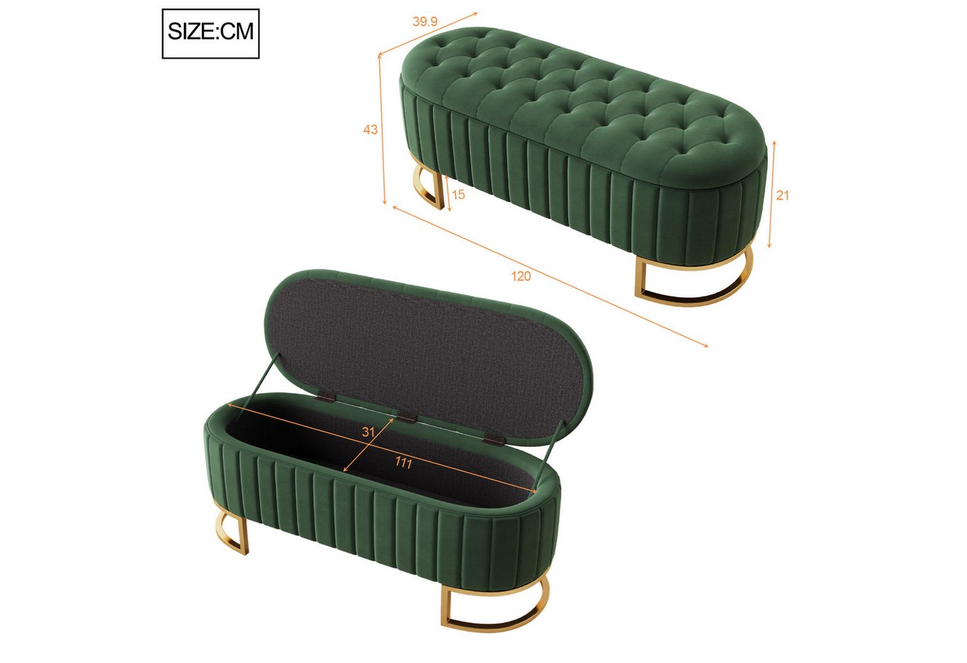 Flieks Polsterbank, Stauraum Polsterhocker Fußbank Sofabank 120x40x43cm Samtstoff – Bild 3 von 5