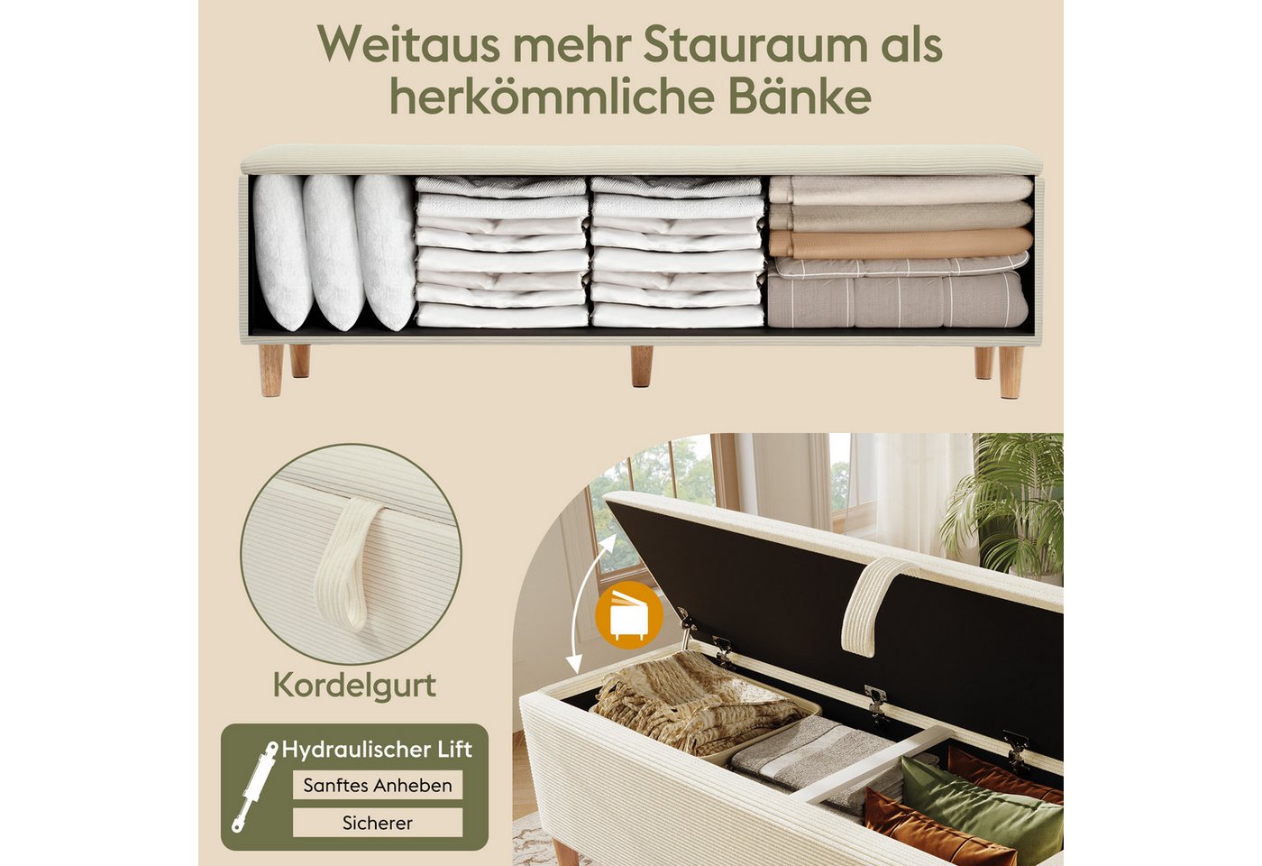Flieks Polsterbank, Hydraulisches Betthocker Sitzbank Ottomane 145x38x46cm Cordsamt-Bezug – Bild 5 von 5