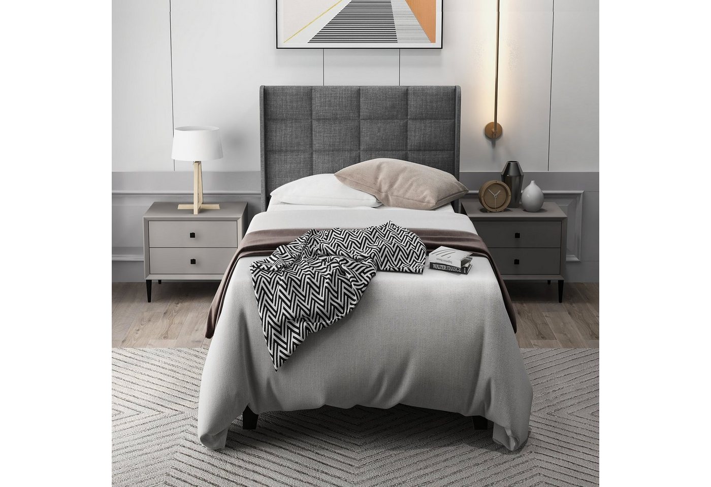 Flieks Polsterbett (1-tlg), Einzelbett Holzbett Leinen 90x200cm ohne Matratze – Bild 2 von 5