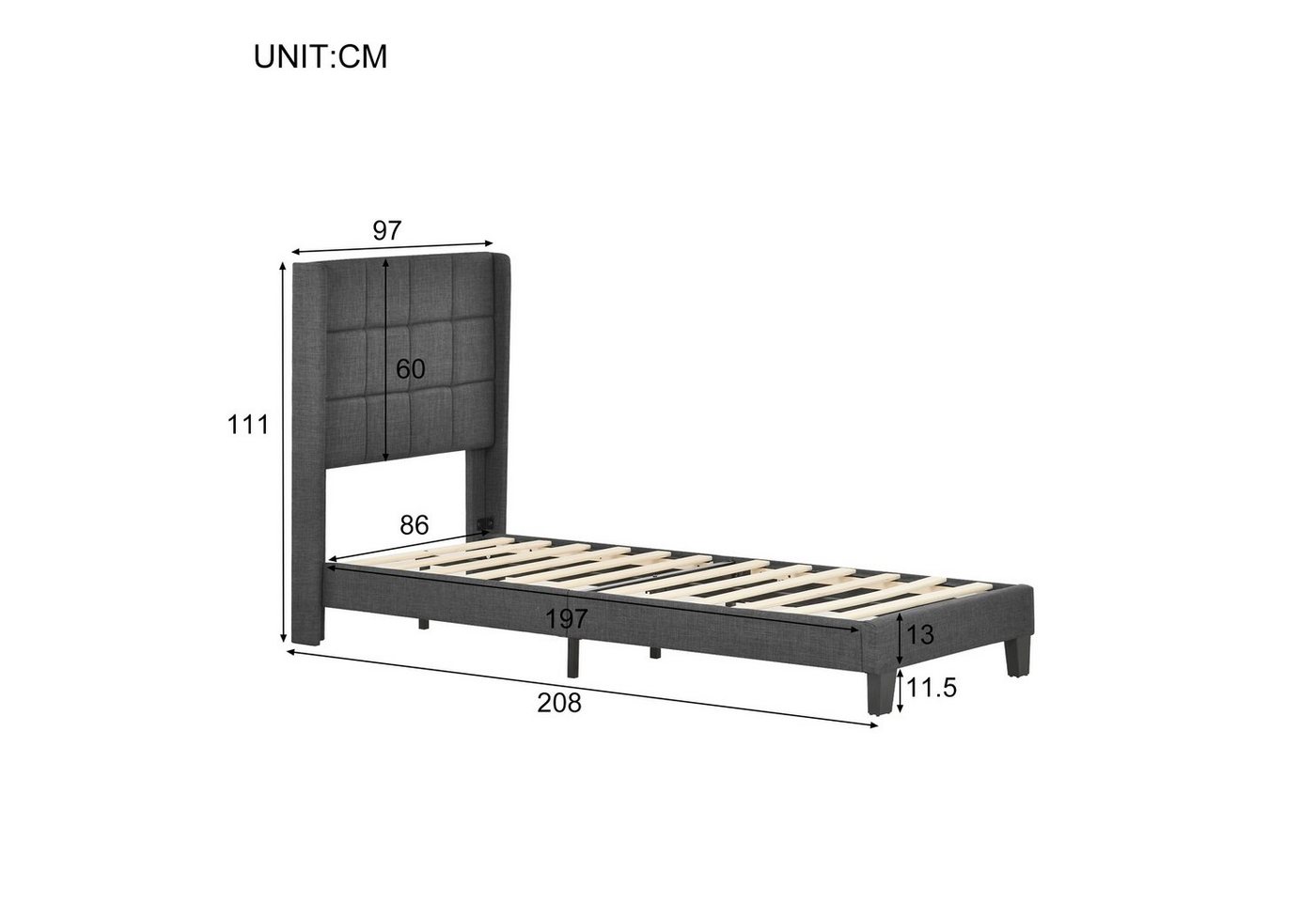 Flieks Polsterbett (1-tlg), Einzelbett Holzbett Leinen 90x200cm ohne Matratze – Bild 3 von 5