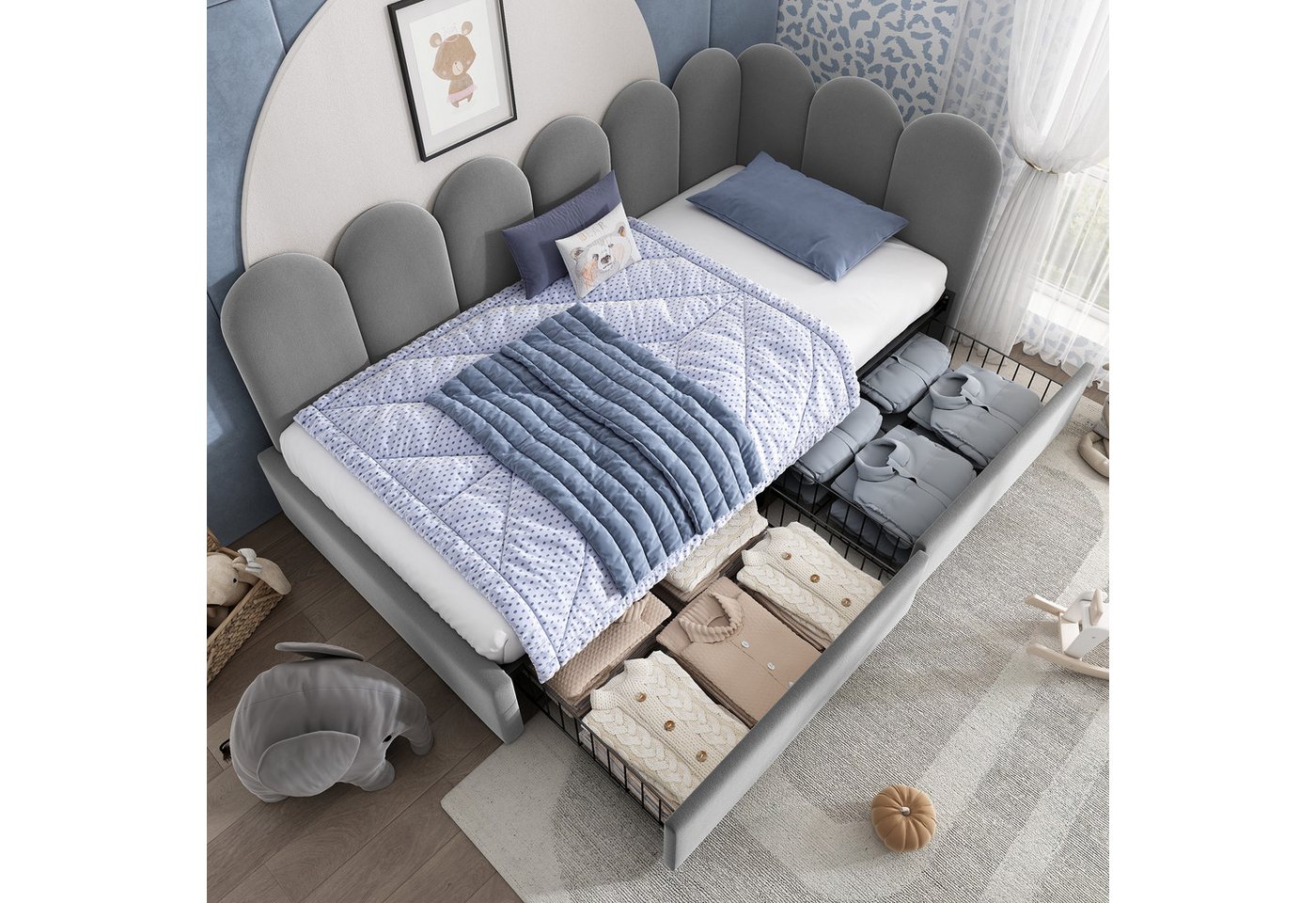 Flieks Polsterbett (1-tlg), Einzelbett Daybett Tagesbett Schlafsofa mit 2 Schubladen Samt 90x200cm – Bild 2 von 5