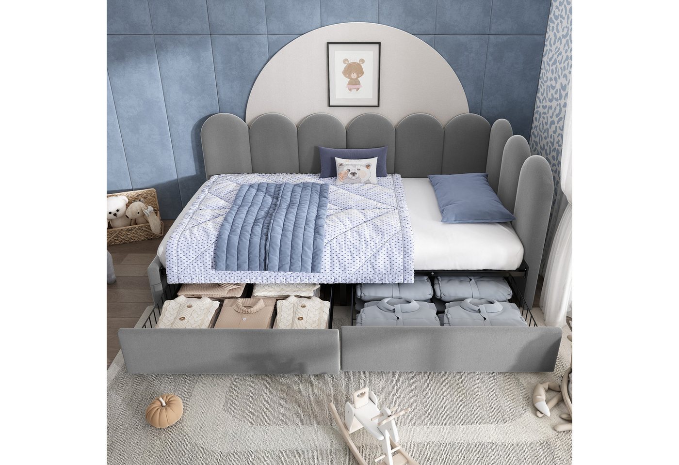 Flieks Polsterbett (1-tlg), Einzelbett Daybett Tagesbett Schlafsofa mit 2 Schubladen Samt 90x200cm – Bild 3 von 5