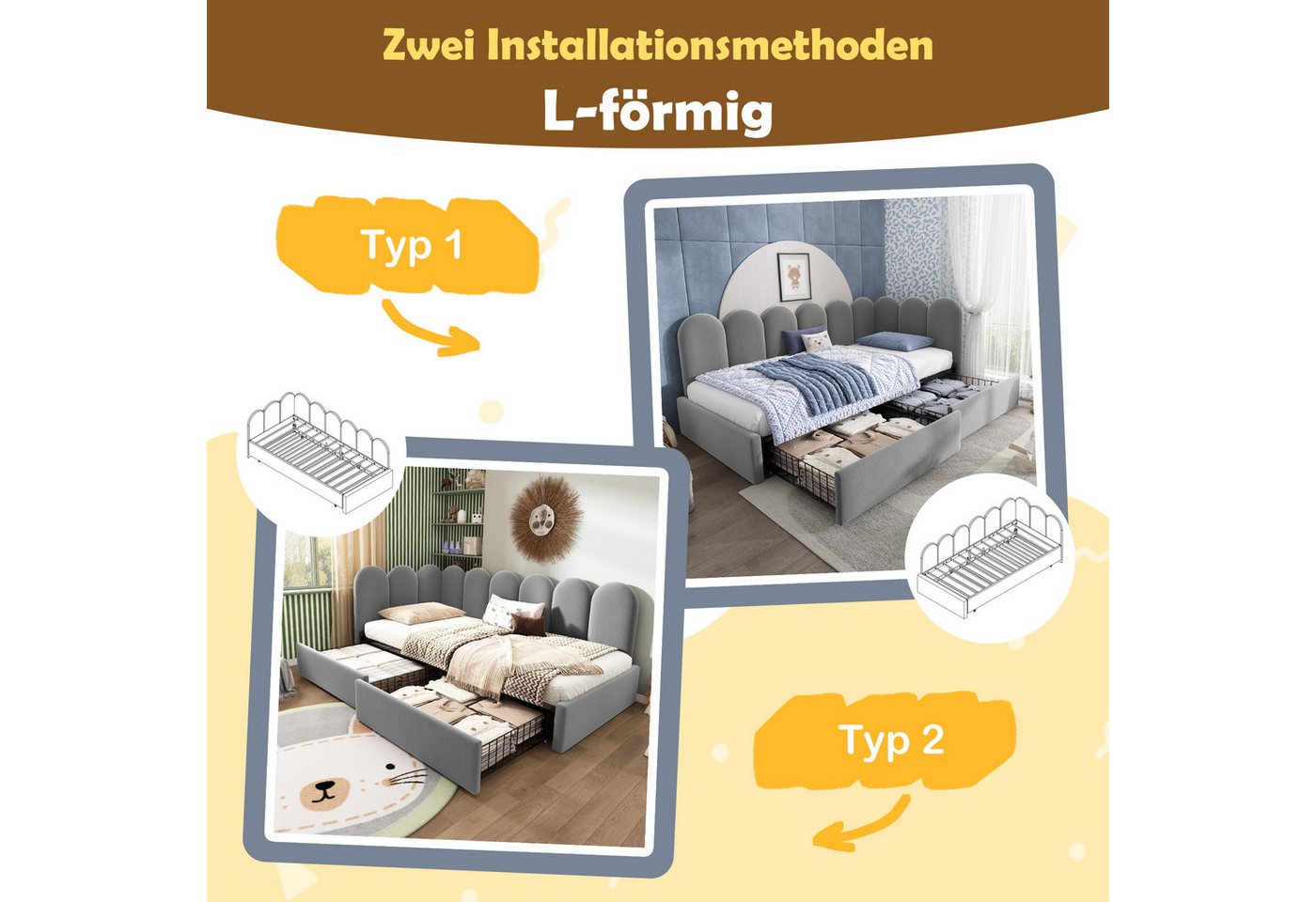 Flieks Polsterbett (1-tlg), Einzelbett Daybett Tagesbett Schlafsofa mit 2 Schubladen Samt 90x200cm – Bild 4 von 5