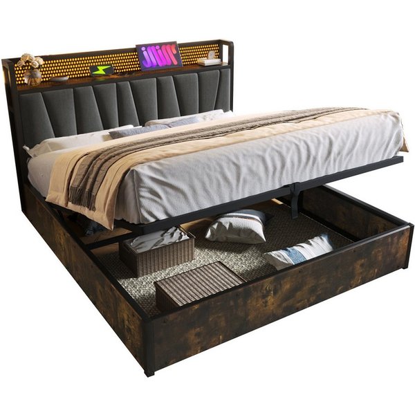 Flieks Polsterbett (1-tlg), LED Metallbett Holzbett mit Ladefunktion und Stauraum 180x200cm