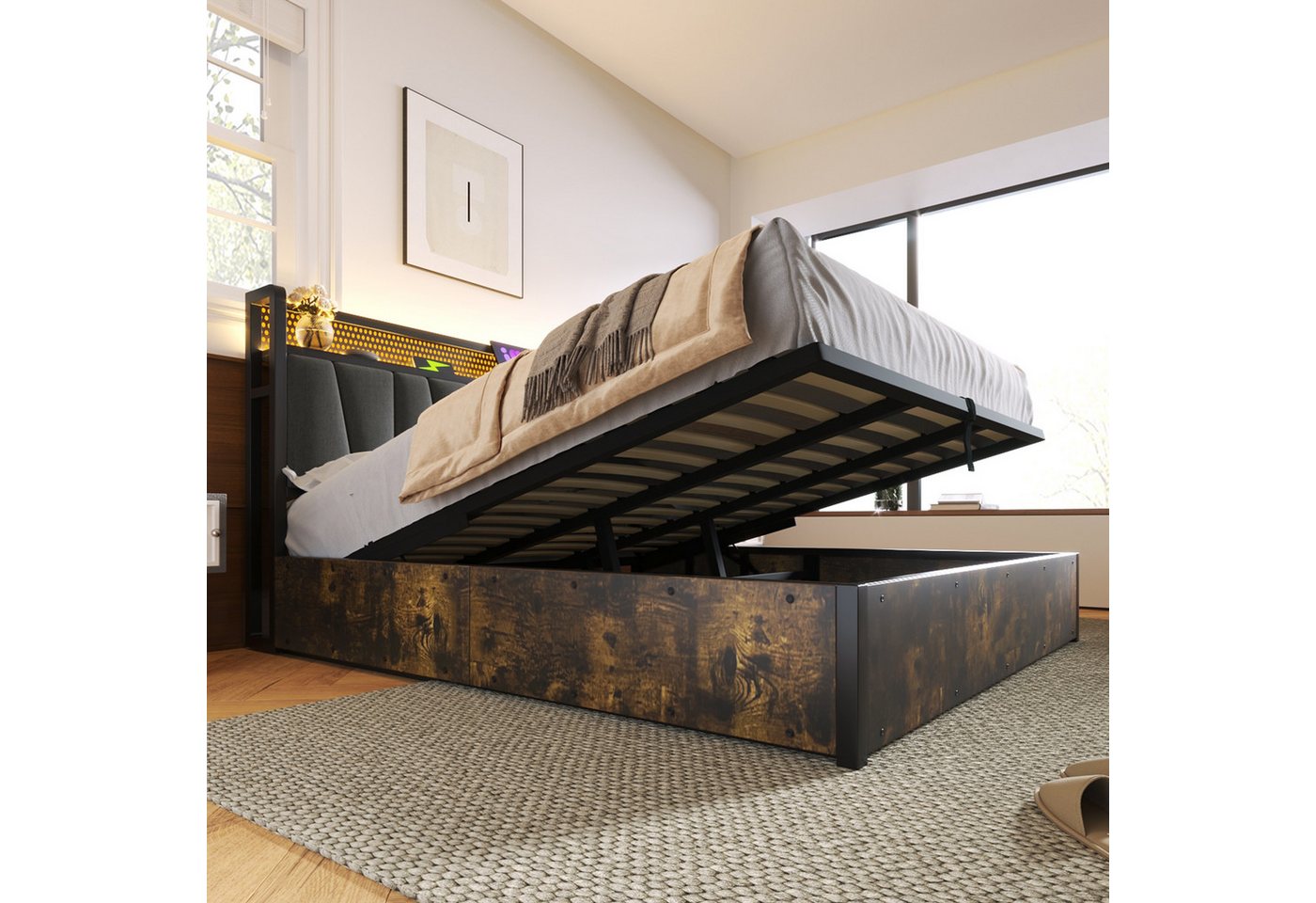 Flieks Polsterbett (1-tlg), LED Metallbett Holzbett mit Ladefunktion und Stauraum 180x200cm – Bild 2 von 5