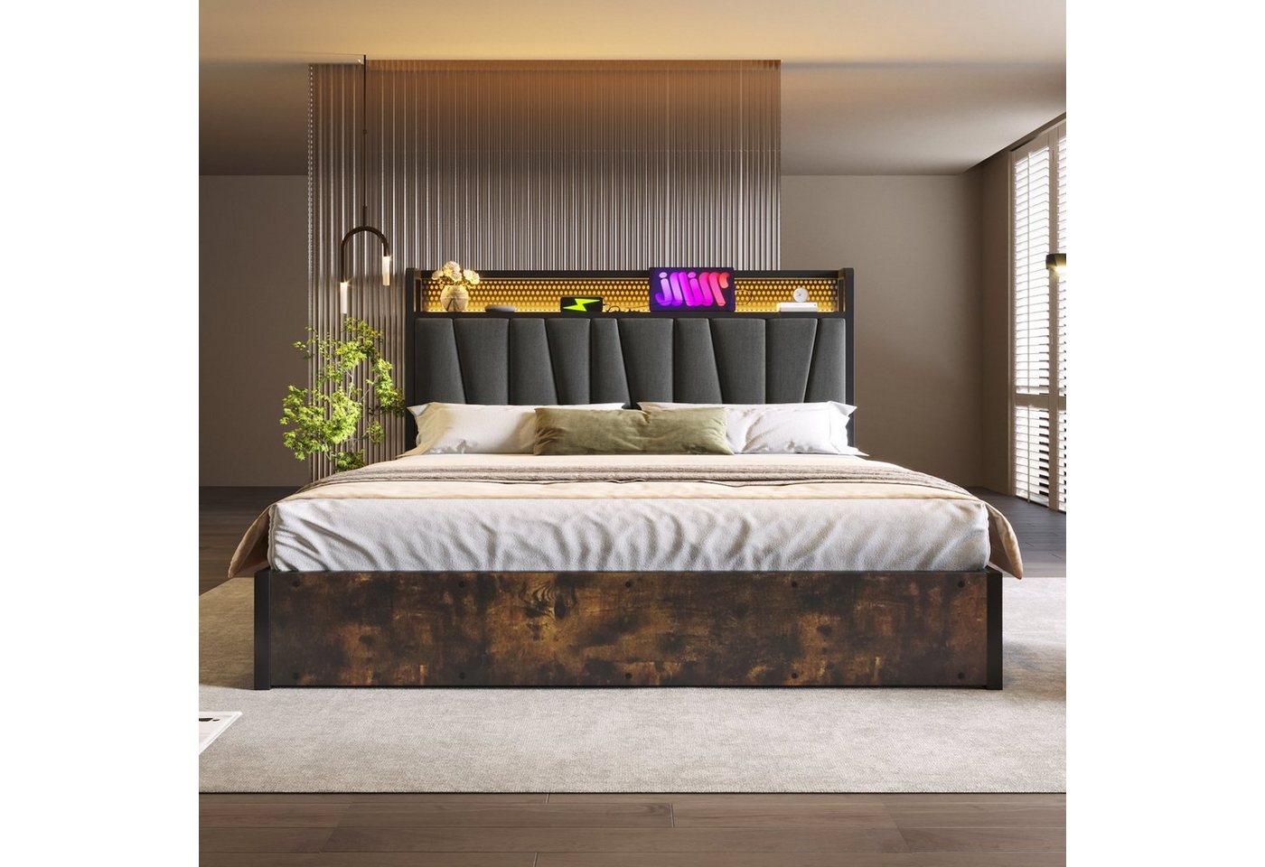 Flieks Polsterbett (1-tlg), LED Metallbett Holzbett mit Ladefunktion und Stauraum 180x200cm – Bild 3 von 5