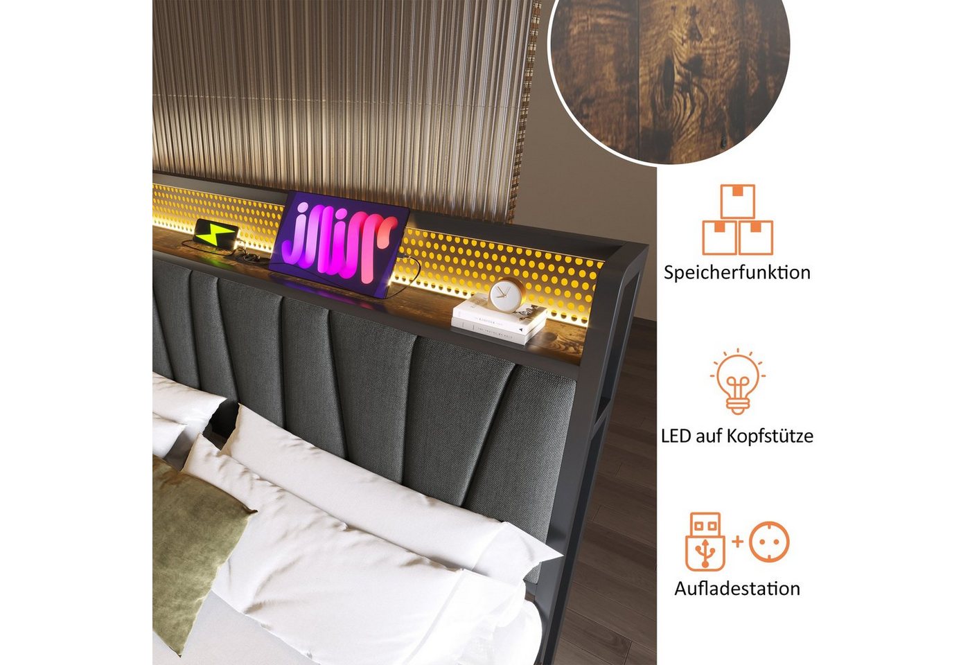 Flieks Polsterbett (1-tlg), LED Metallbett Holzbett mit Ladefunktion und Stauraum 180x200cm – Bild 4 von 5