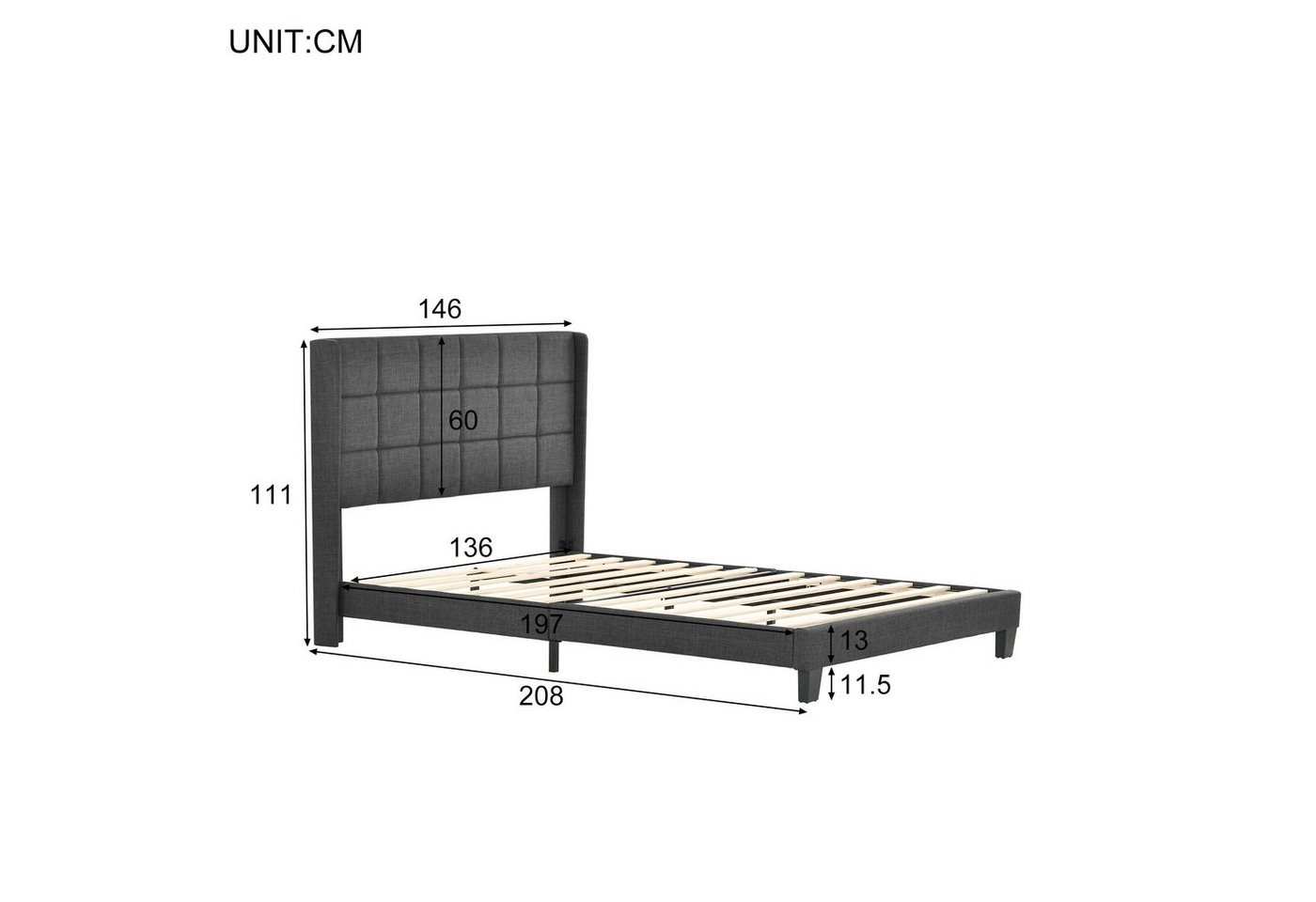 Flieks Polsterbett (1-tlg), Doppelbett Leinen 140x200cm ohne Matratze – Bild 3 von 5
