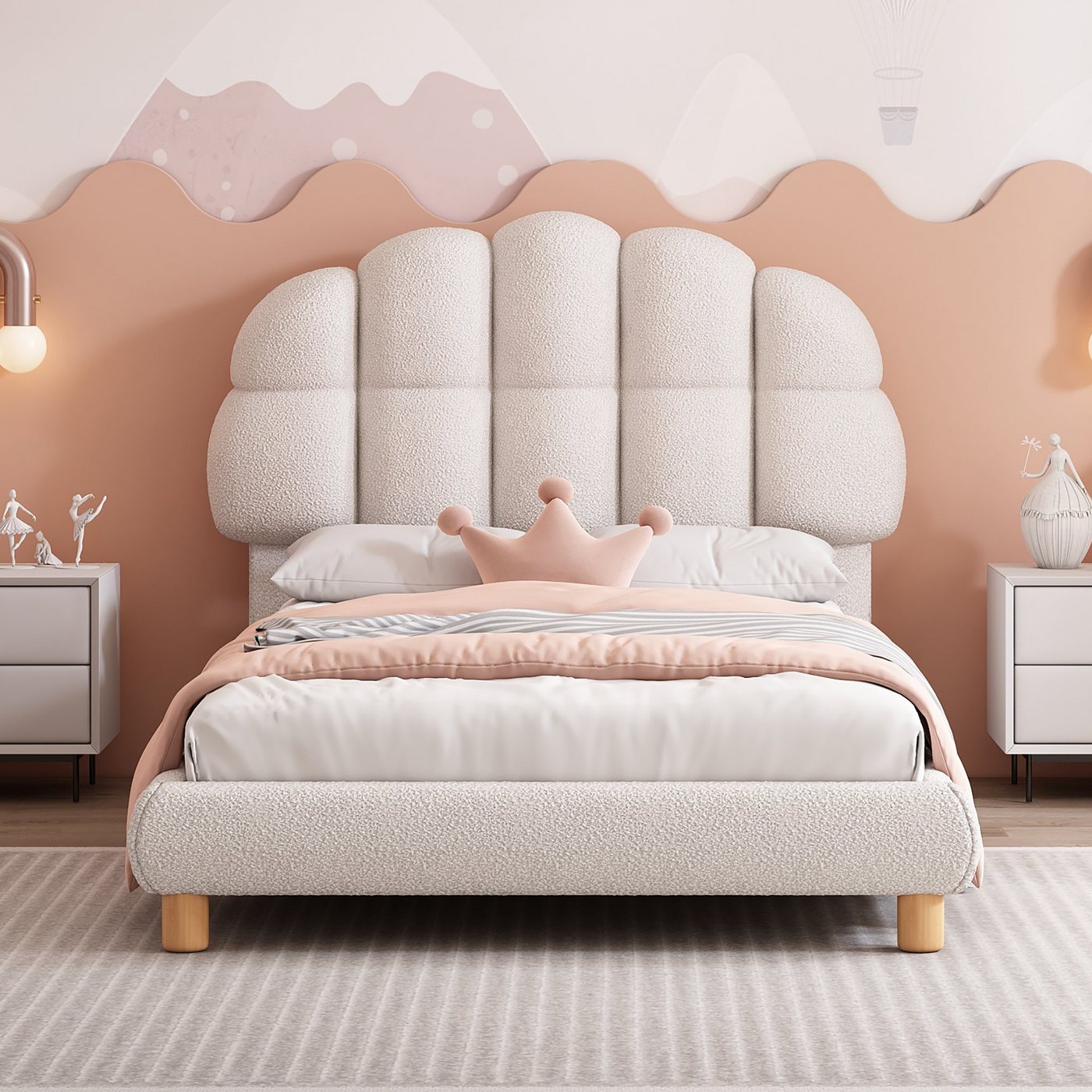 Flieks Polsterbett, Einzelbett Kinderbett 90x200cm mit Halbkreisform Kopfteil Vliesimitat – Bild 2 von 5