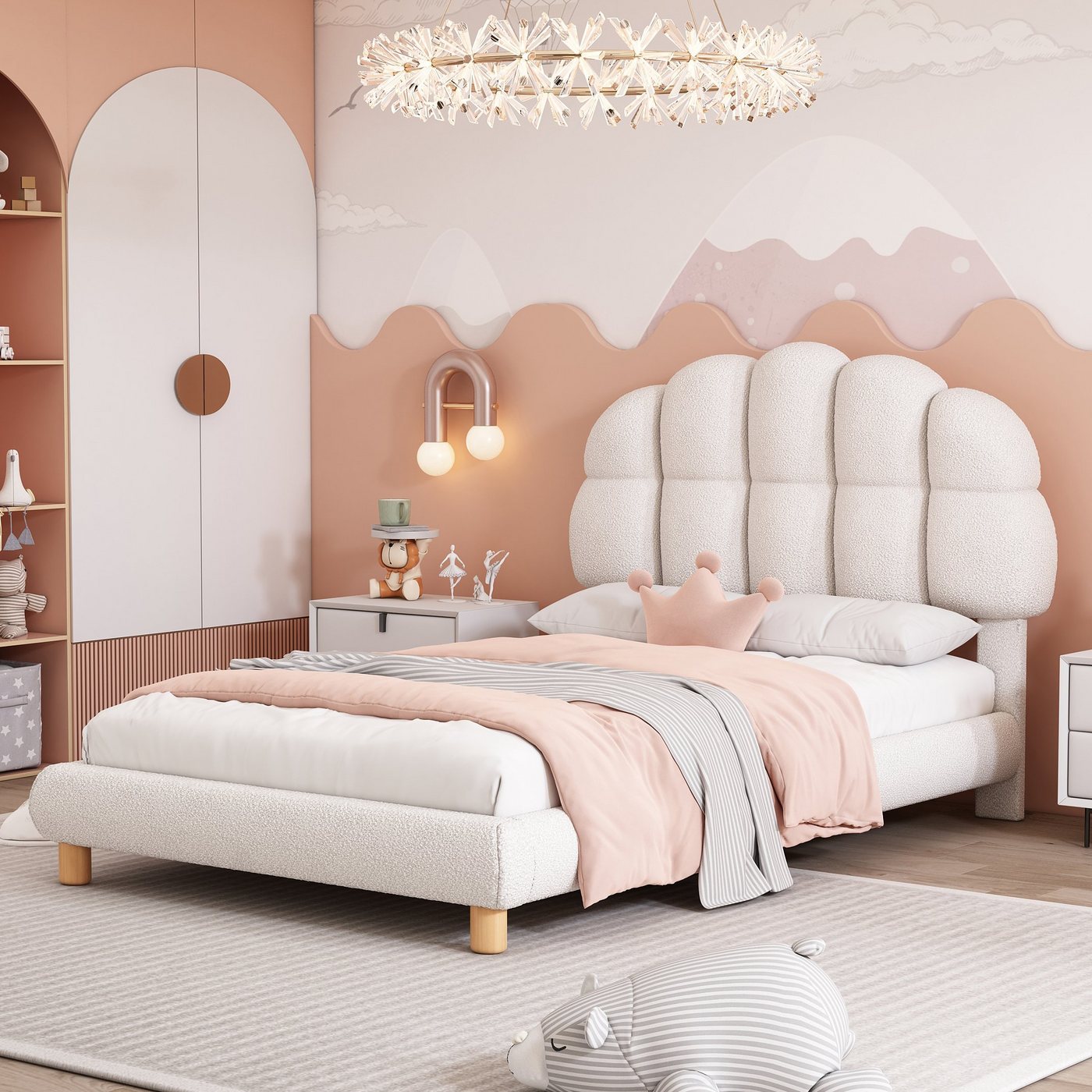 Flieks Polsterbett, Einzelbett Kinderbett 90x200cm mit Halbkreisform Kopfteil Vliesimitat – Bild 3 von 5