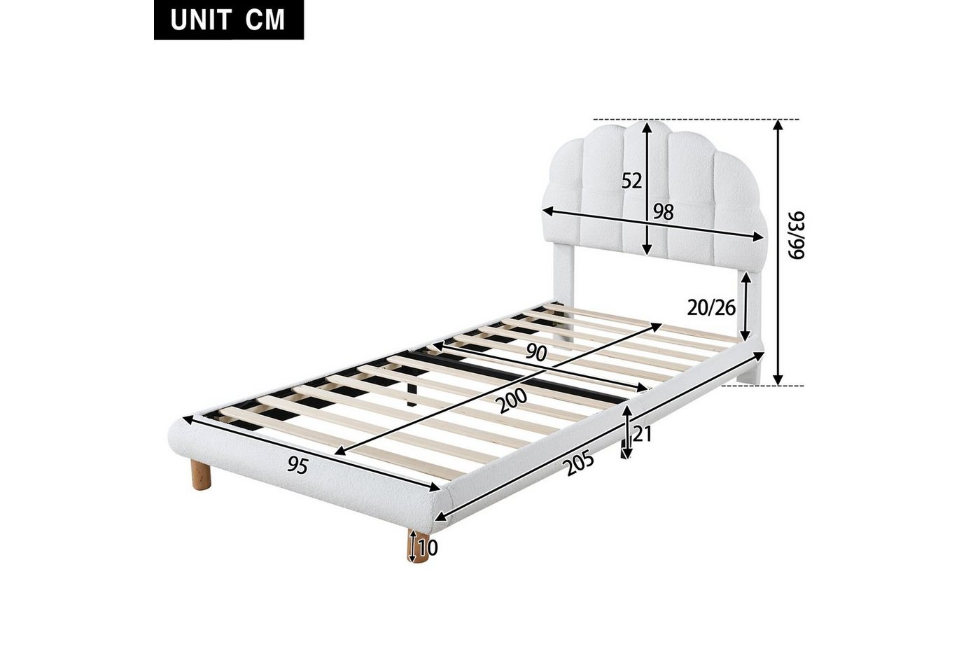 Flieks Polsterbett, Einzelbett Kinderbett 90x200cm mit Halbkreisform Kopfteil Vliesimitat – Bild 4 von 5