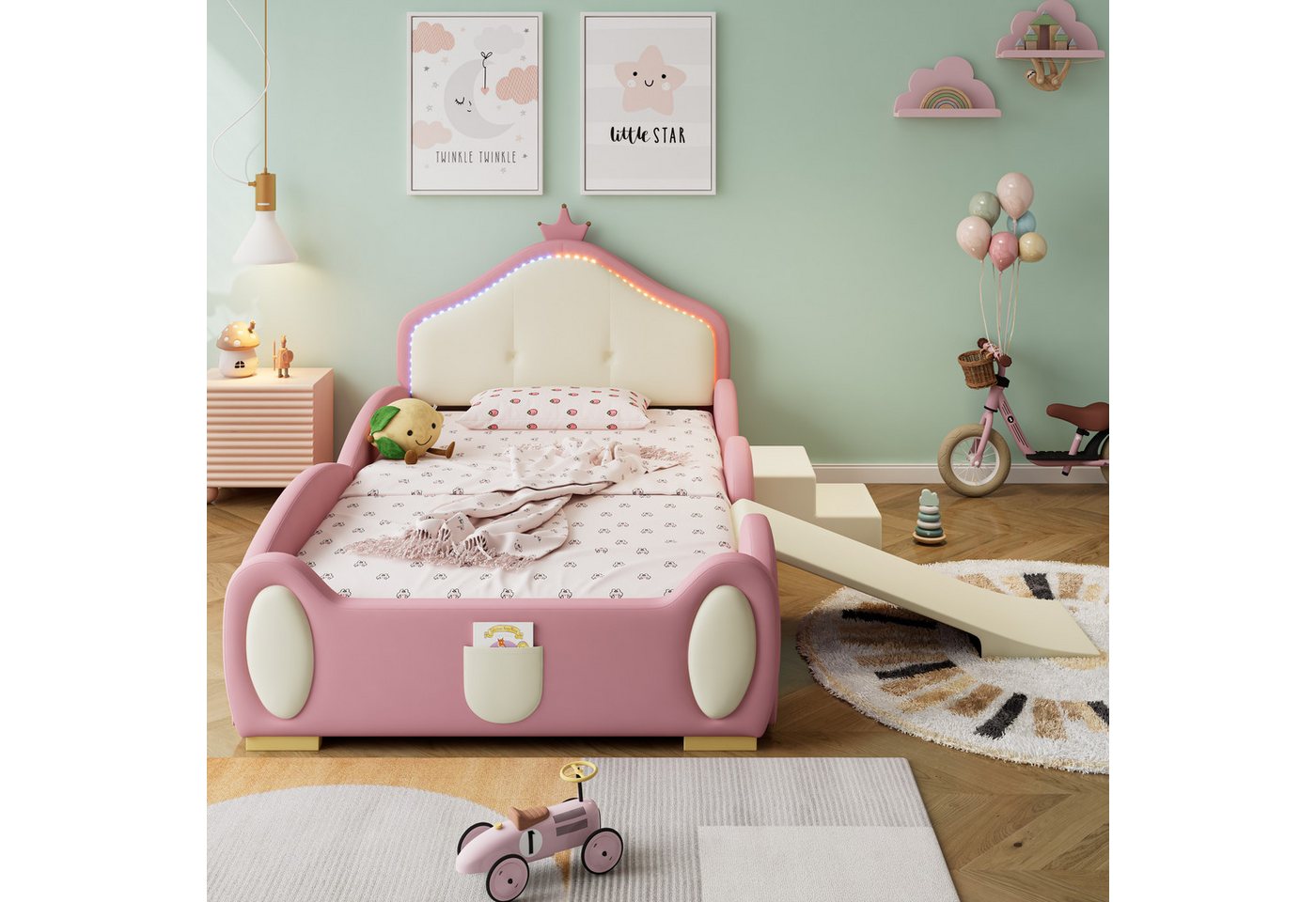 Flieks Polsterbett, LED Beleuchtung Krone Kinderbett Rutsche/ Treppe 90x200cm Kunstleder – Bild 3 von 5