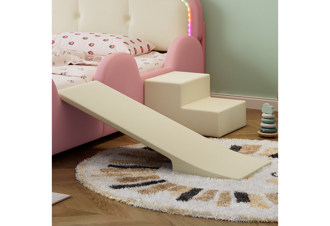 Flieks Polsterbett, LED Beleuchtung Krone Kinderbett Rutsche/ Treppe 90x200cm Kunstleder – Bild 4 von 5