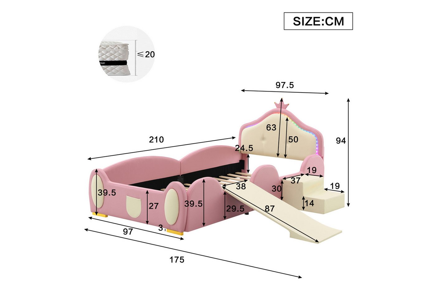 Flieks Polsterbett, LED Beleuchtung Krone Kinderbett Rutsche/ Treppe 90x200cm Kunstleder – Bild 5 von 5