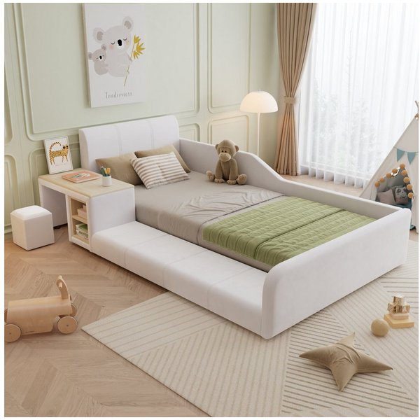 Flieks Polsterbett, Kinderbett 90x200cm mit Schreibtisch und Hocker mit Rausfallschutz
