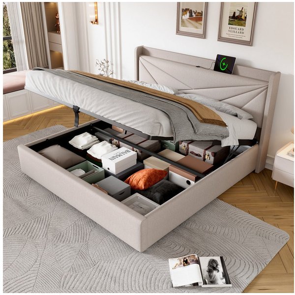 Flieks Polsterbett, Massivholz Stauraumbett mit USB/Typ-C Ladeanschluss 160x200cm Leinen