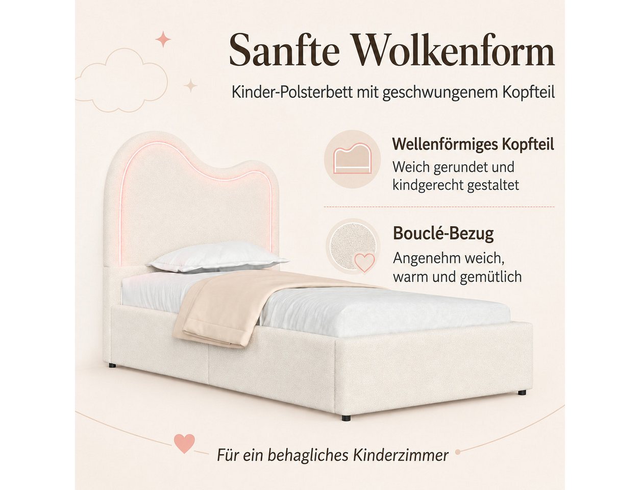 Flieks Polsterbett, Hydraulisches Stauraumbett Kinderbett 90x200cm mit LED-Lichtleiste – Bild 4 von 5