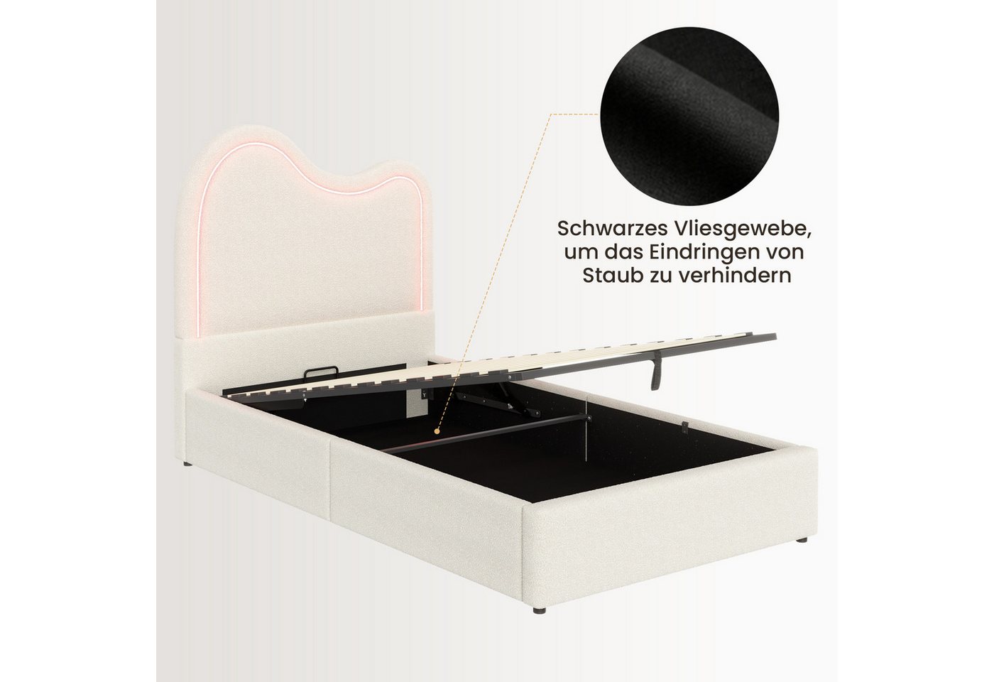 Flieks Polsterbett, Hydraulisches Stauraumbett Kinderbett 90x200cm mit LED-Lichtleiste – Bild 5 von 5