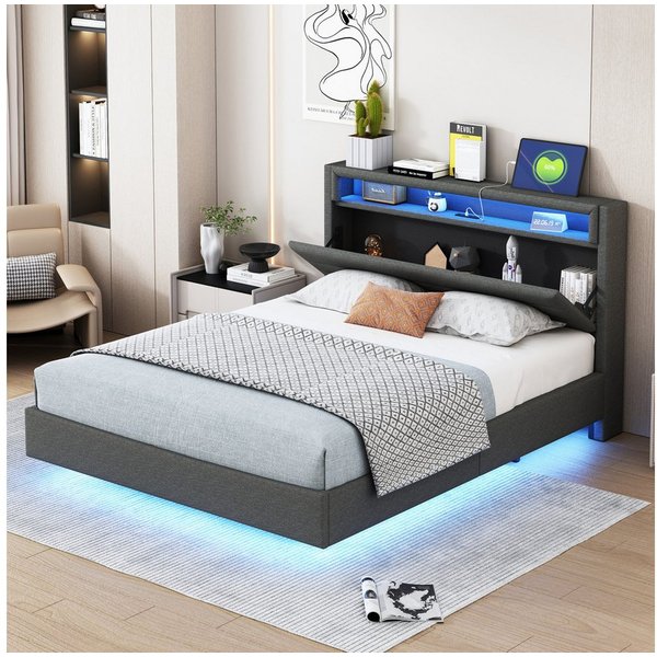 Flieks Polsterbett, LED Doppelbett 140x200cm mit USB-Laden und Stauraum am Kopfteil Leinen