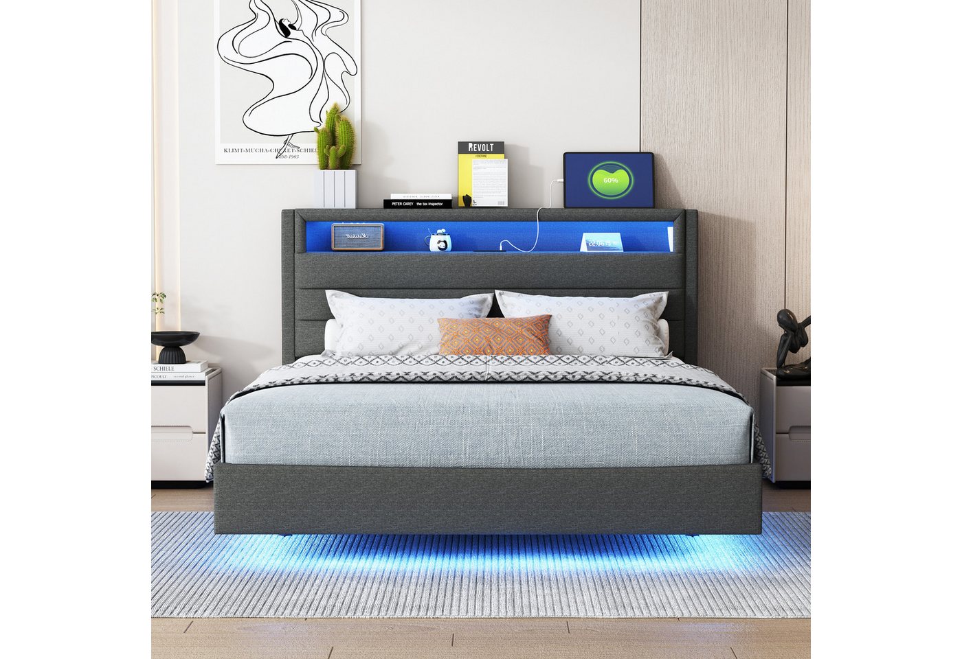 Flieks Polsterbett, LED Doppelbett 140x200cm mit USB-Laden und Stauraum am Kopfteil Leinen – Bild 2 von 5