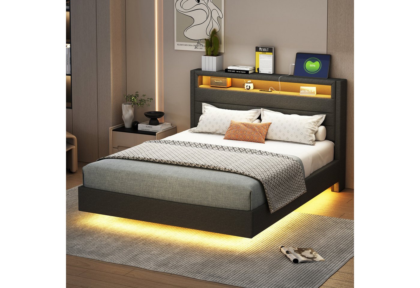 Flieks Polsterbett, LED Doppelbett 140x200cm mit USB-Laden und Stauraum am Kopfteil Leinen – Bild 3 von 5