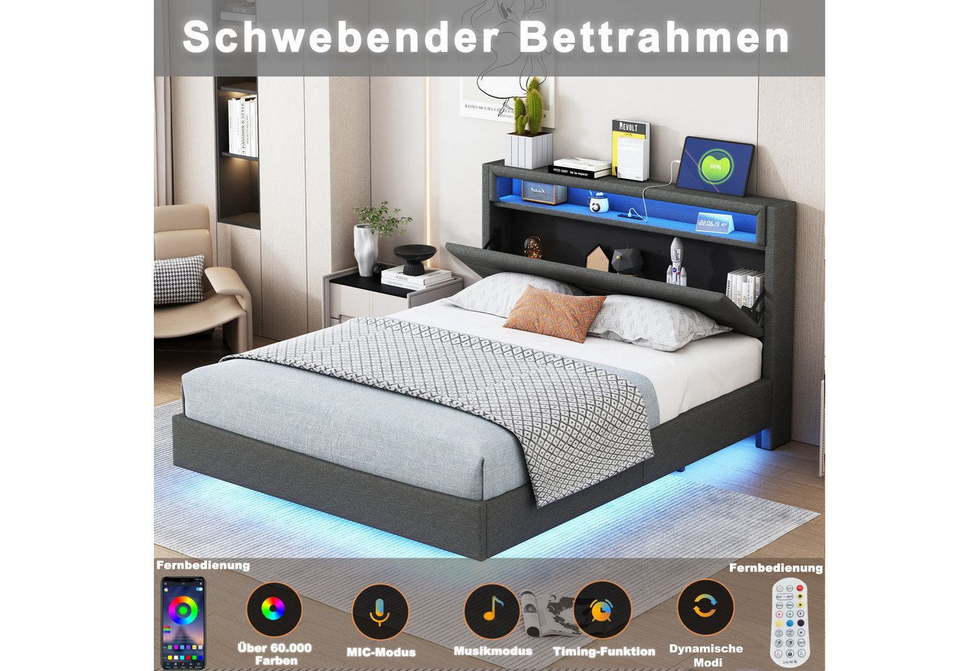 Flieks Polsterbett, LED Doppelbett 140x200cm mit USB-Laden und Stauraum am Kopfteil Leinen – Bild 4 von 5