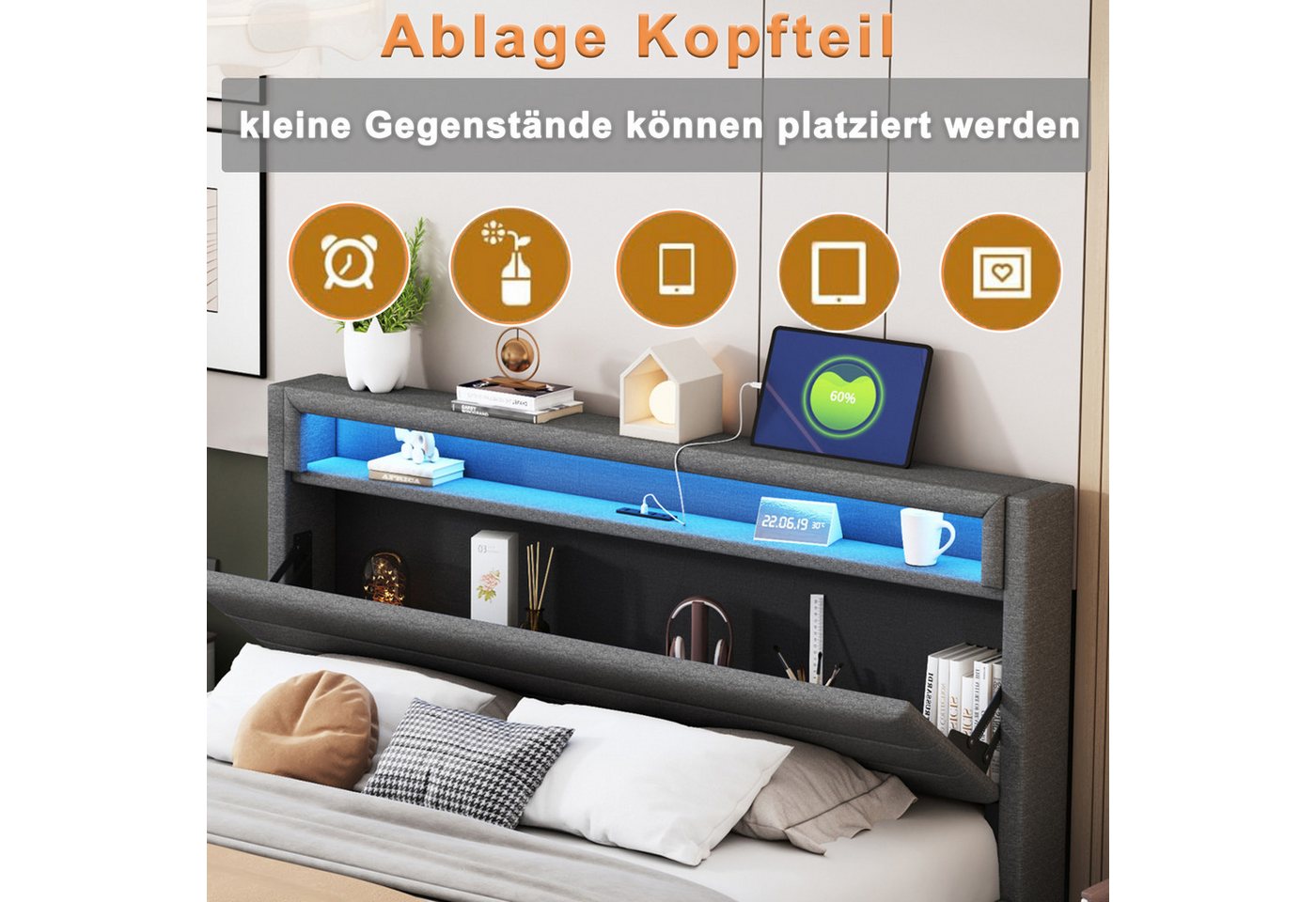 Flieks Polsterbett, LED Doppelbett 140x200cm mit USB-Laden und Stauraum am Kopfteil Leinen – Bild 5 von 5
