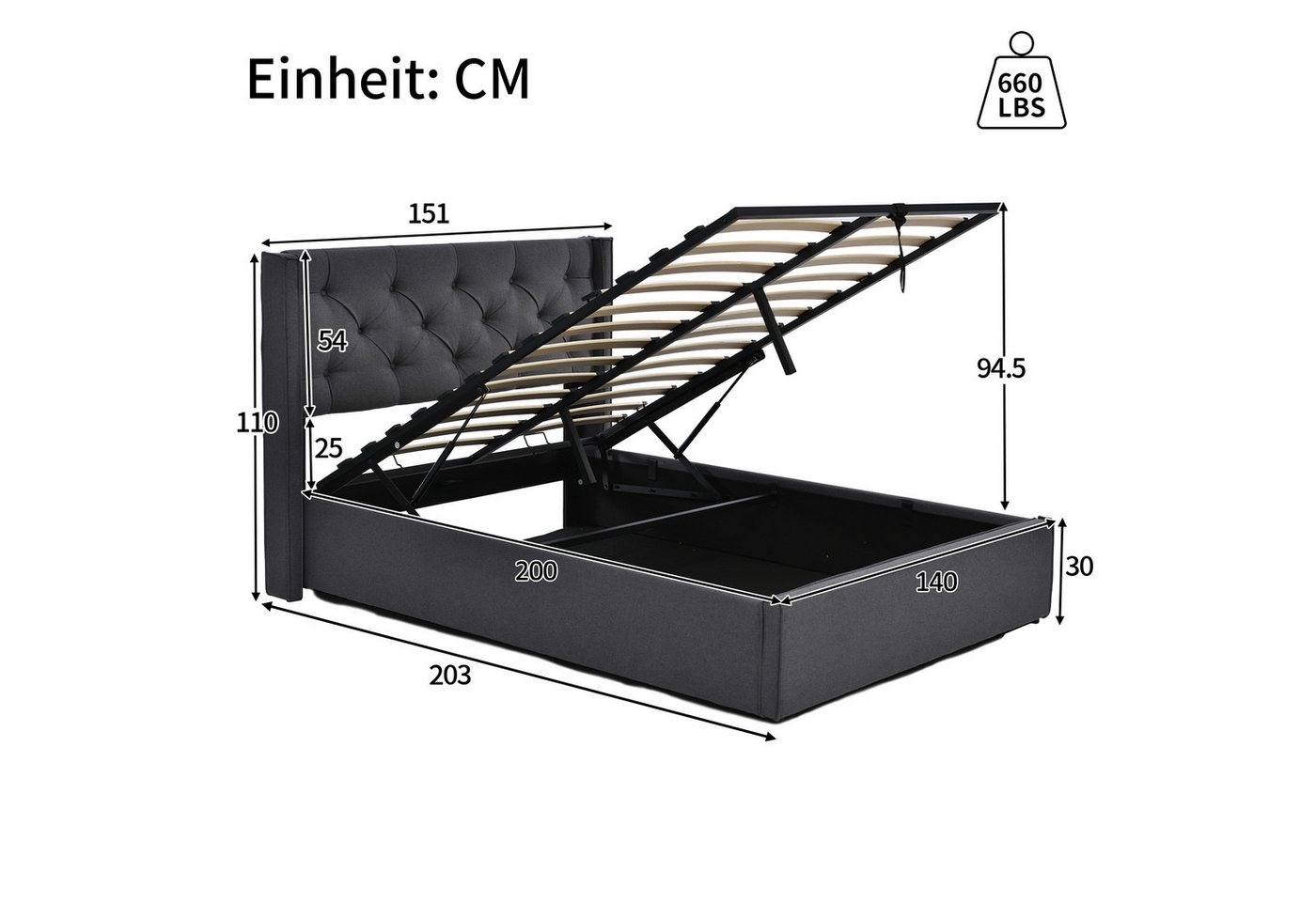 Flieks Polsterbett, Hydraulisches Doppelbett Stauraumbett Baumwolle 140x200cm – Bild 3 von 5