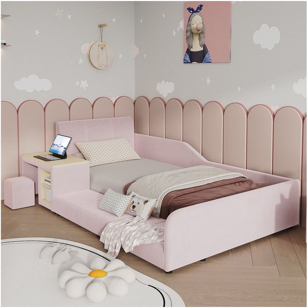 Flieks Polsterbett, Kinderbett 140x200cm mit Schreibtisch und Hocker mit Rausfallschutz