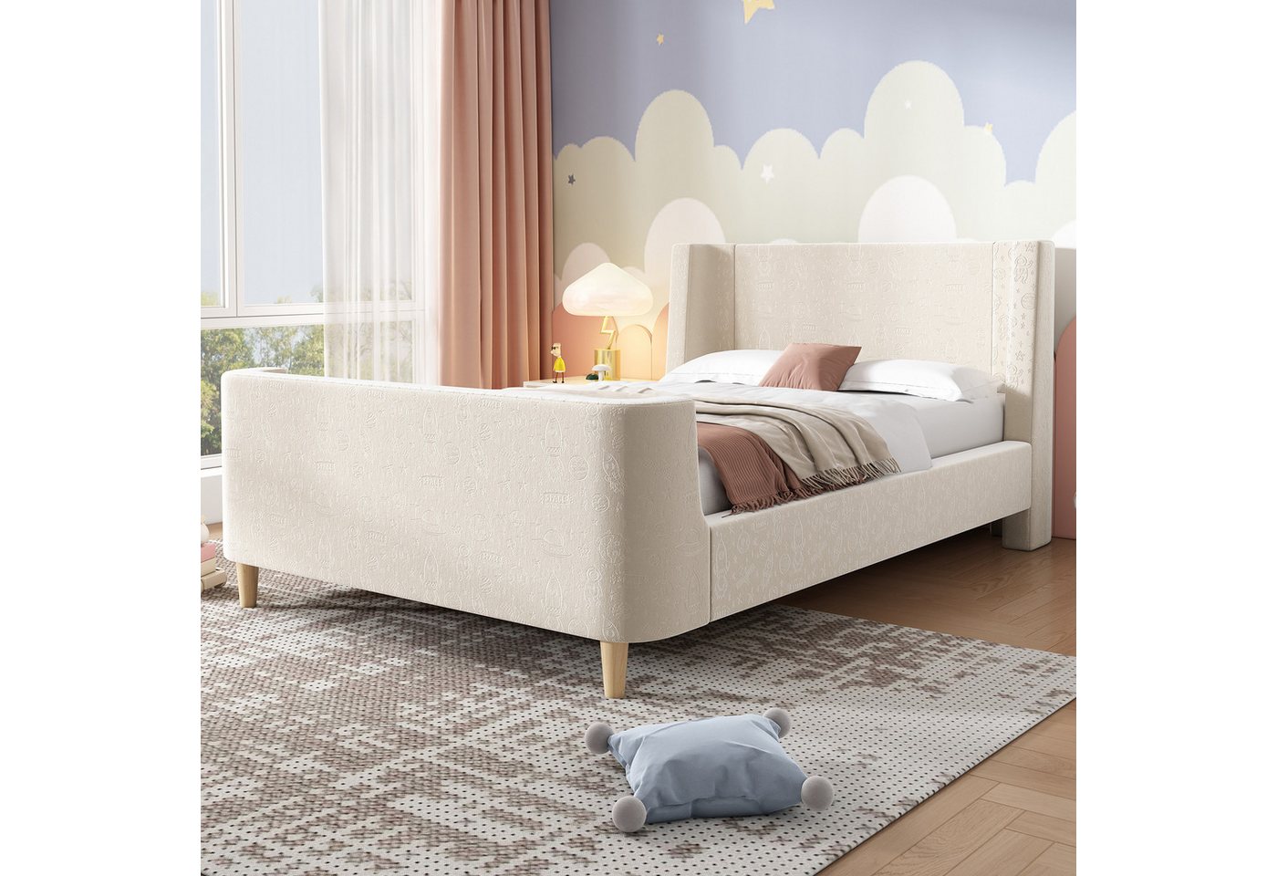 Flieks Polsterbett, Kinderbett Einzelbett 90x200cm mit kosmischem Muster Samt – Bild 2 von 5