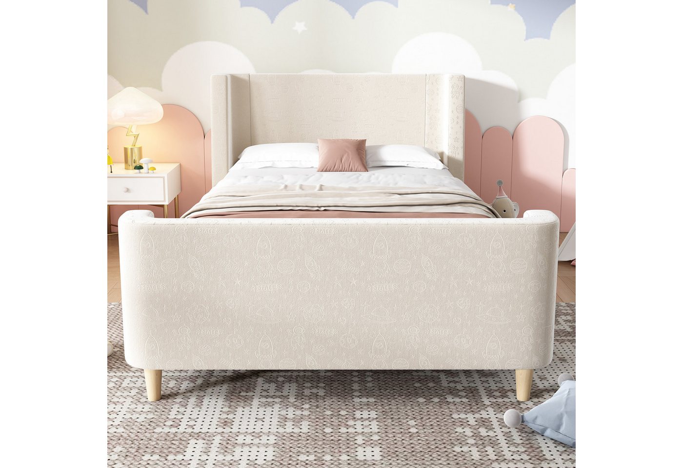 Flieks Polsterbett, Kinderbett Einzelbett 90x200cm mit kosmischem Muster Samt – Bild 3 von 5