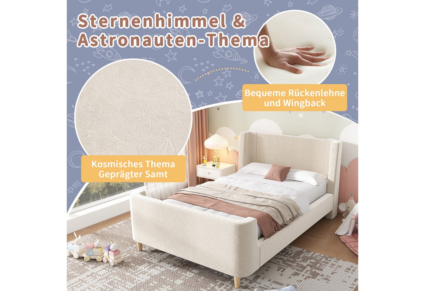 Flieks Polsterbett, Kinderbett Einzelbett 90x200cm mit kosmischem Muster Samt – Bild 4 von 5