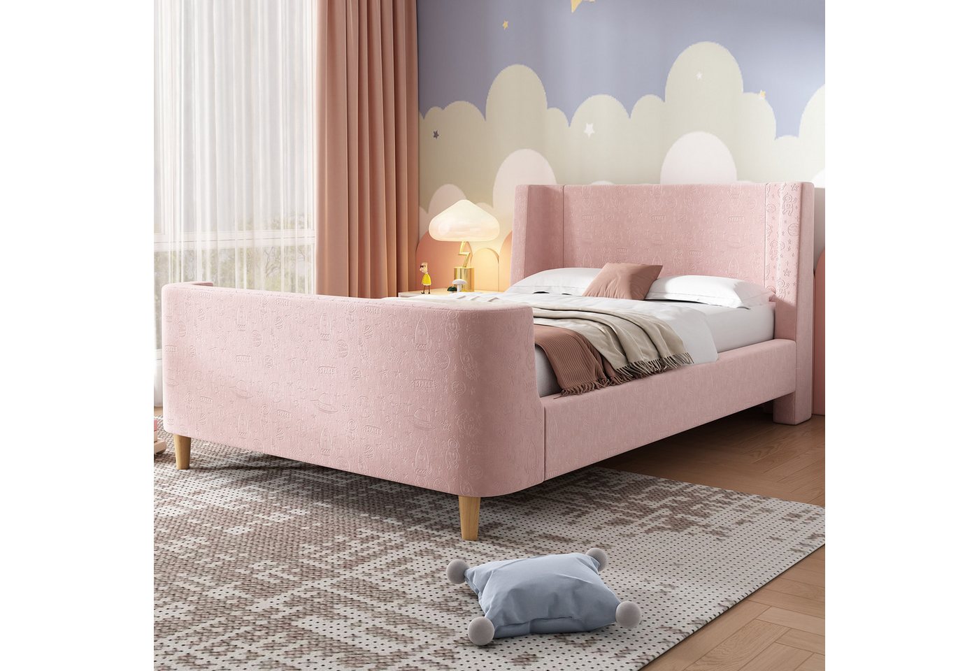 Flieks Polsterbett, Kinderbett Einzelbett 90x200cm mit kosmischem Muster Samt – Bild 2 von 5