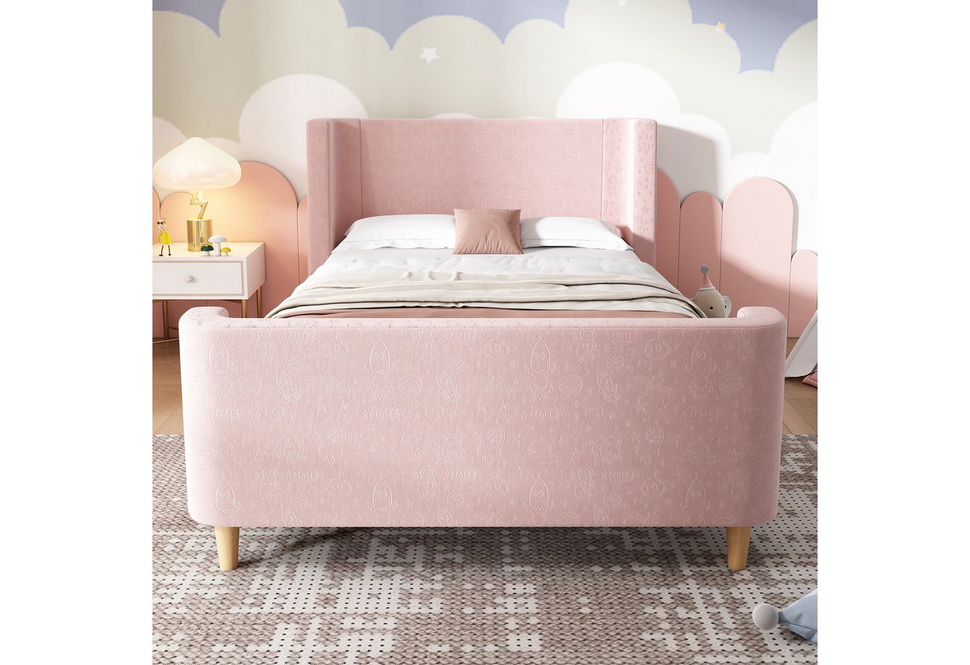 Flieks Polsterbett, Kinderbett Einzelbett 90x200cm mit kosmischem Muster Samt – Bild 3 von 5