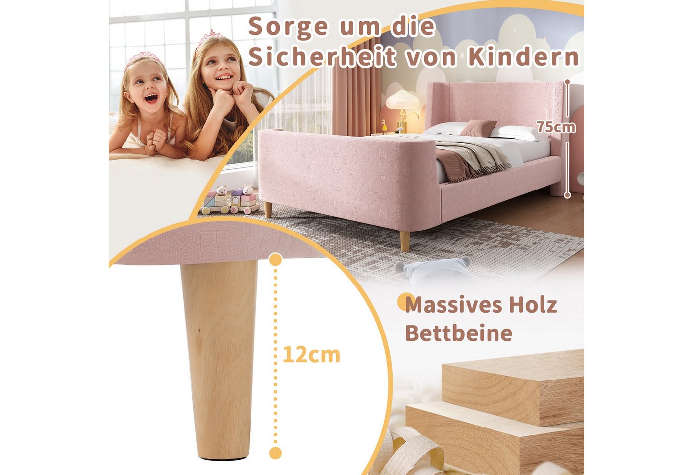 Flieks Polsterbett, Kinderbett Einzelbett 90x200cm mit kosmischem Muster Samt – Bild 5 von 5