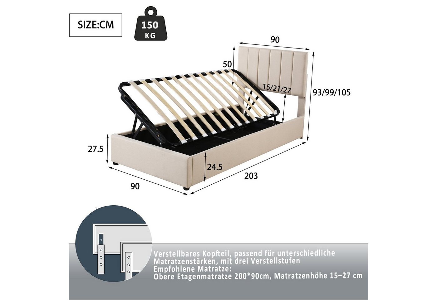Flieks Polsterbett, Hydraulisches Stauraumbett Einzelbett 90x200cm Leinen – Bild 3 von 5