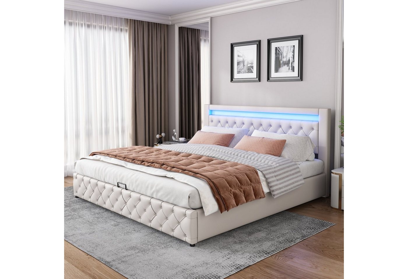 Flieks Polsterbett, LED-Beleuchtung Kunstleder Doppelbett Stauraum 180x200cm – Bild 2 von 5