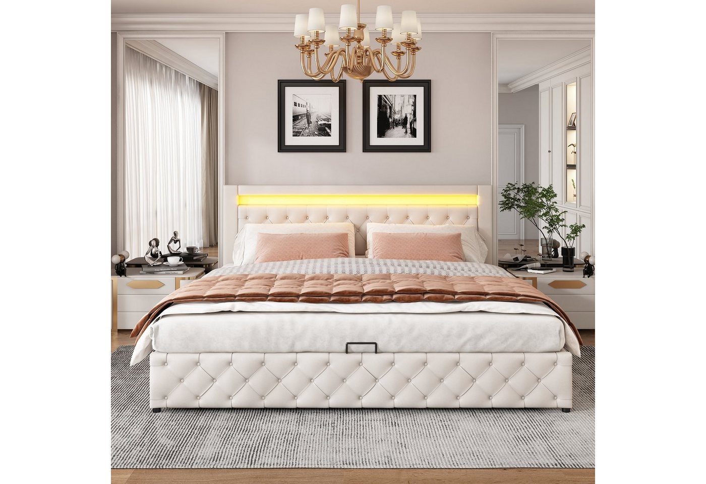 Flieks Polsterbett, LED-Beleuchtung Kunstleder Doppelbett Stauraum 180x200cm – Bild 3 von 5