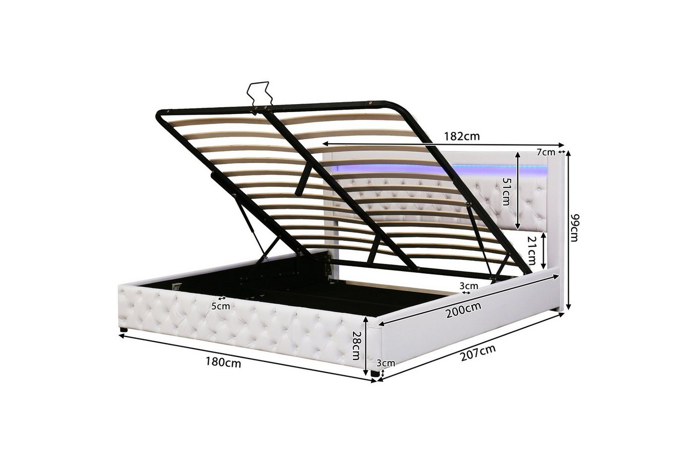 Flieks Polsterbett, LED-Beleuchtung Kunstleder Doppelbett Stauraum 180x200cm – Bild 4 von 5