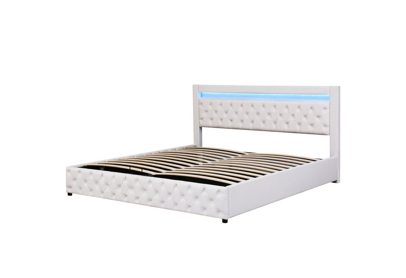 Flieks Polsterbett, LED-Beleuchtung Kunstleder Doppelbett Stauraum 180x200cm – Bild 5 von 5