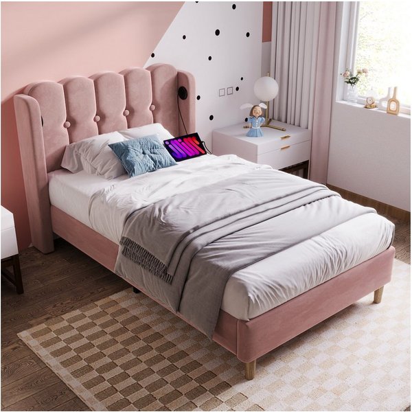 Flieks Polsterbett, Holzbett Einzelbett mit USB/Typ-C Ladeanschlüsse 90x200cm rosa Samt