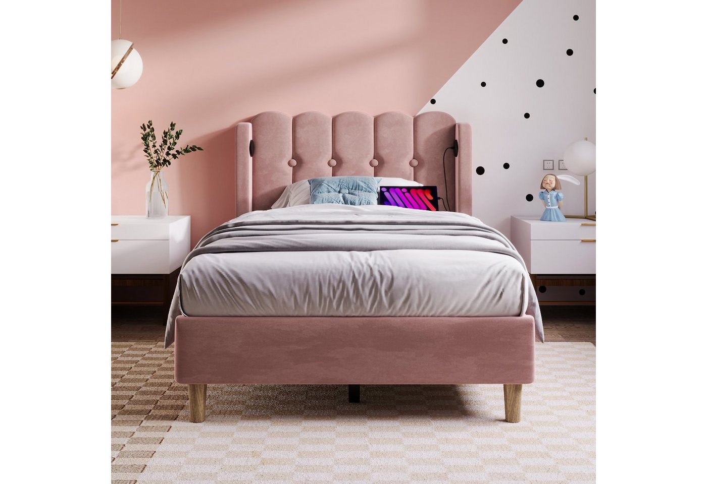 Flieks Polsterbett, Holzbett Einzelbett mit USB/Typ-C Ladeanschlüsse 90x200cm rosa Samt – Bild 2 von 5