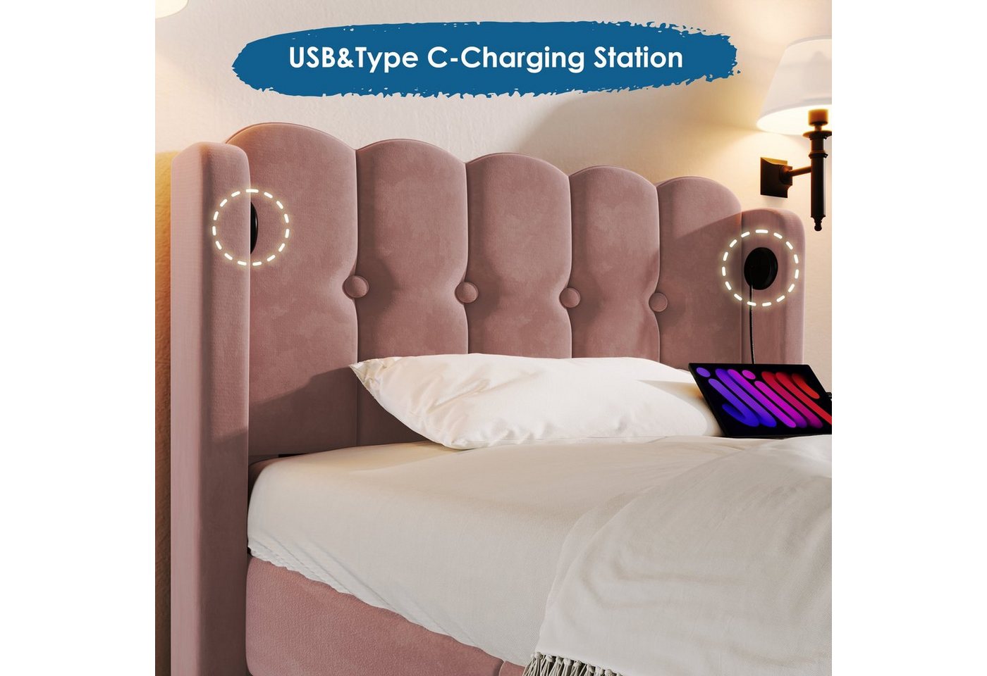 Flieks Polsterbett, Holzbett Einzelbett mit USB/Typ-C Ladeanschlüsse 90x200cm rosa Samt – Bild 3 von 5