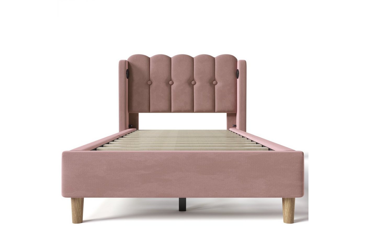 Flieks Polsterbett, Holzbett Einzelbett mit USB/Typ-C Ladeanschlüsse 90x200cm rosa Samt – Bild 5 von 5